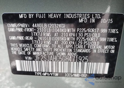 2016 Subaru Forester 2.5I Limited из США, поврежденный, VIN JF2SJAHC5GH471925